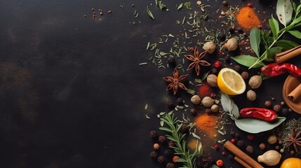 Obraz na płótnie Canvas Spices and herbs banner background. Variety of spices. AI generated.