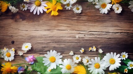 Obraz premium Spring blooming spring flowers on wooden background. AI generated.