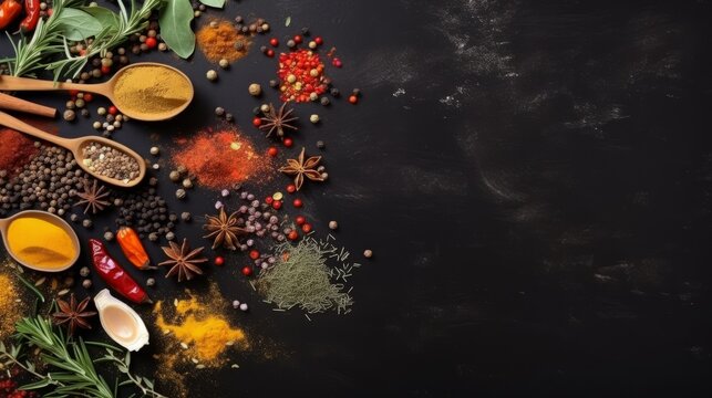 Spices and herbs banner background. Variety of spices. AI generated.