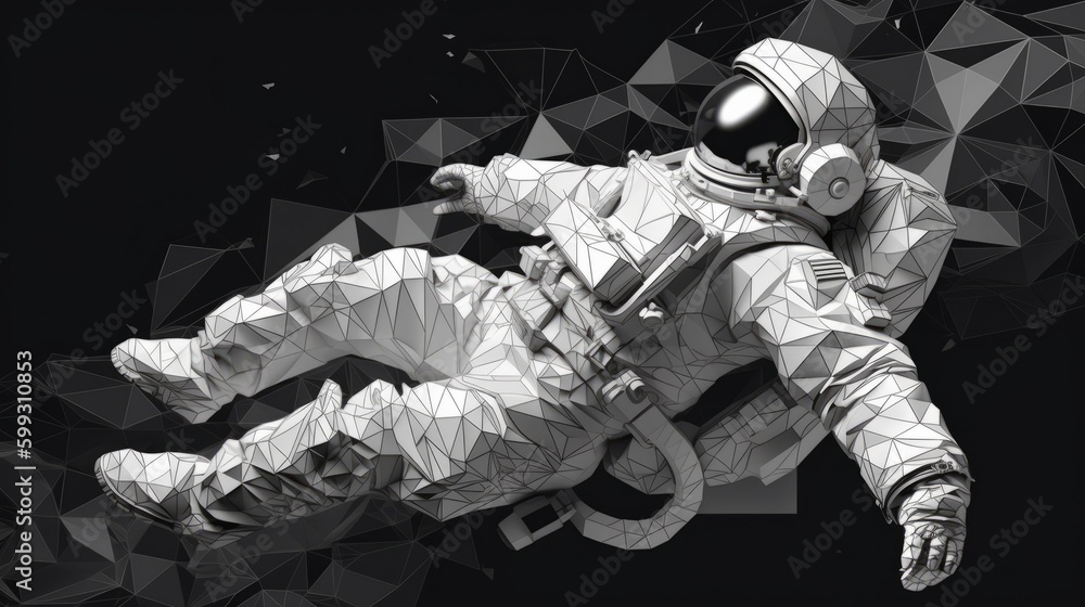 Poster astronaut floating in the space. black and white in polygonal style. ai generated.