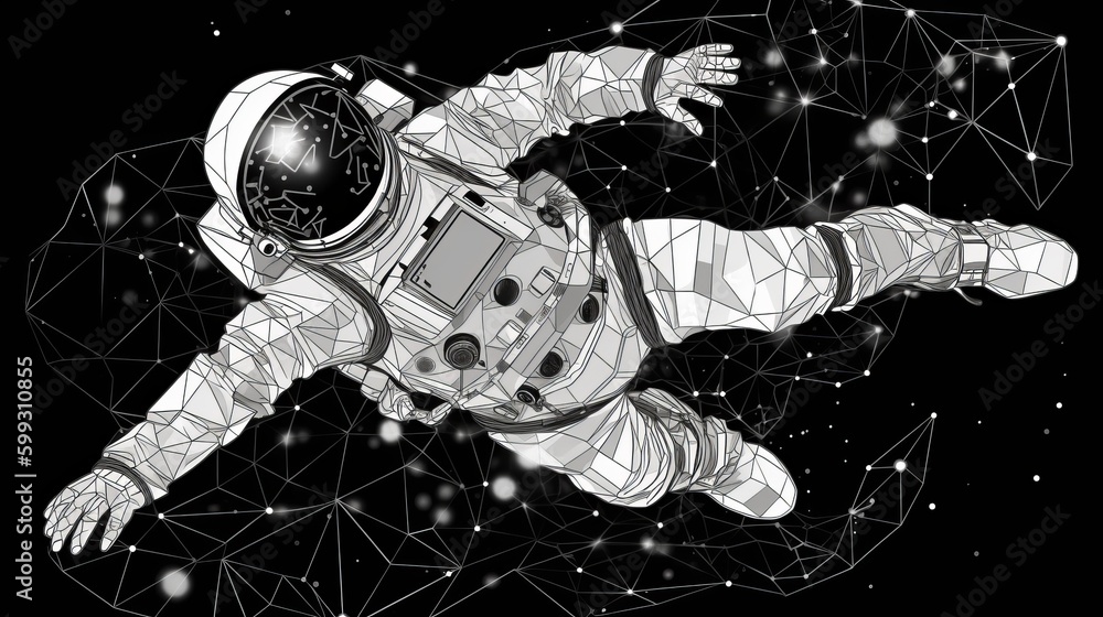 Poster astronaut floating in the space. black and white in polygonal style. ai generated.