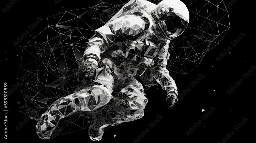 Poster astronaut floating in the space. black and white in polygonal style. ai generated.