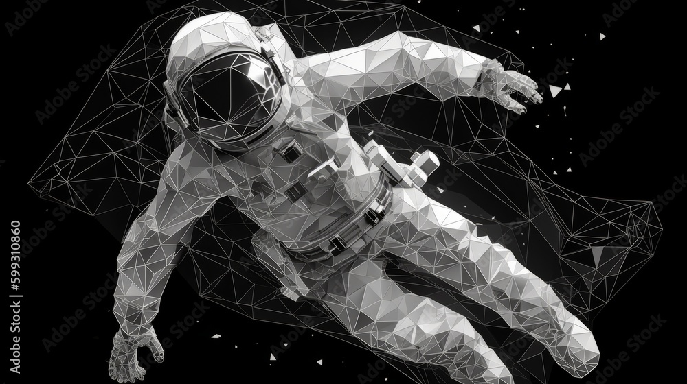 Poster astronaut floating in the space. black and white in polygonal style. ai generated.