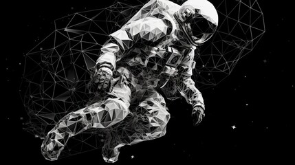 Astronaut floating in the space. Black and white in polygonal style. AI generated.