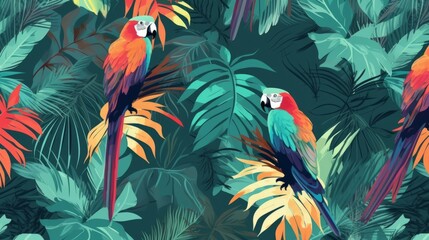 Fototapeta na wymiar Beautiful abstract tropics seamless pattern with parrots. AI generated.