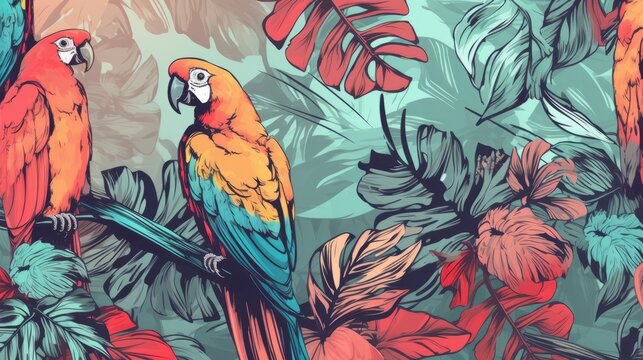 Beautiful abstract tropics seamless pattern with parrots. AI generated.