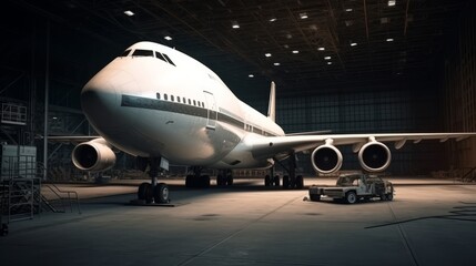 Fototapeta na wymiar Big passenger aircraft on maintenace in airport hangar. AI generated.