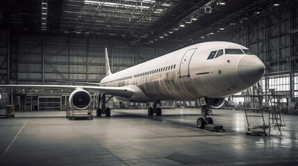 Big passenger aircraft on maintenace in airport hangar. AI generated.