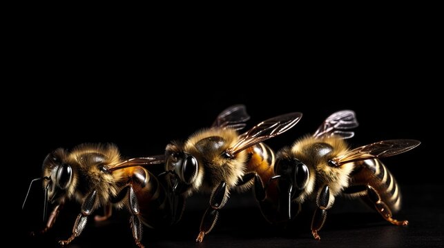 Bees isolated on black background with blank space for text. AI generated.