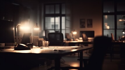 Blurred office workspace in the evening interior. AI generated.