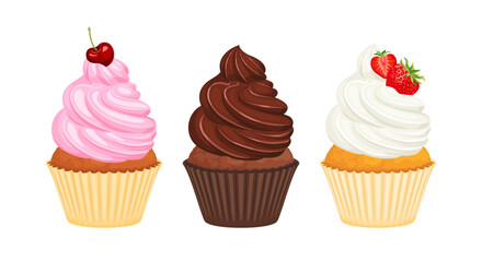 Set of cupcakes with whipped cream. Chocolate, cherry and strawberry cake. Vector cartoon illustration of sweet food.