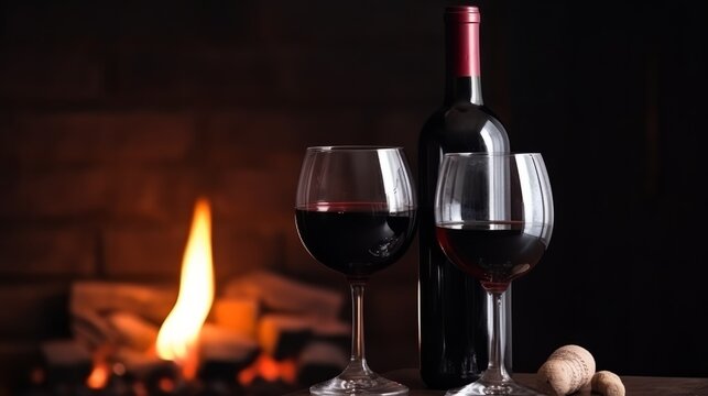 bottle of red wine and two glass at night near fireplace flame. With copyspace. AI generated