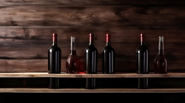 Bottles of red wine on a wooden shelf banner background. AI generated.