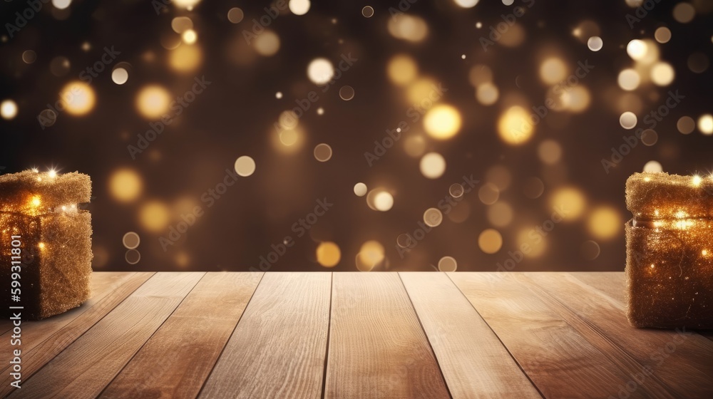Poster festive background with light spots and bokeh in front of a empty wooden table. ai generated.