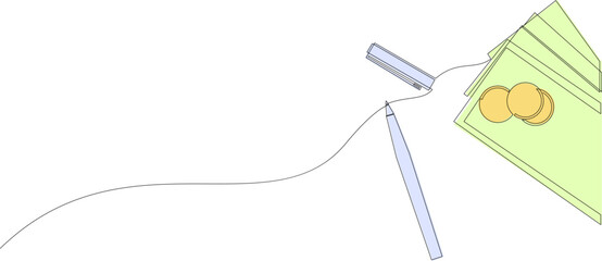Single one line drawing of money and pen, corporate finance concept. Continuous line draw earnings analysis or economy concept design graphic. Vector illustration.