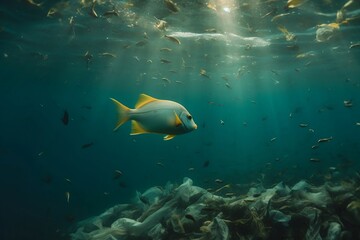 Obraz premium A discarded plastic carrier bag drifting in a tropical, blue water ocean with fish caught in it. Underwater littler garbage sea pollution. Environmental problem - plastic contamination. Generative AI