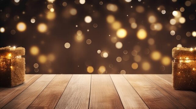 Festive background with light spots and bokeh in front of a empty wooden table. AI generated.