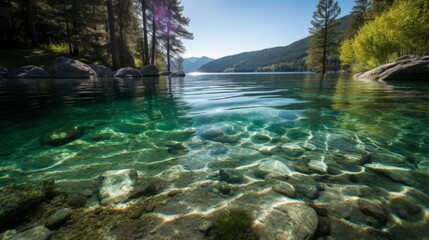 Crystal clear water capturing the beauty of a sun. AI generated.