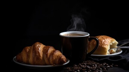 Cup of fresh coffee and croissant. Black background. AI generated.
