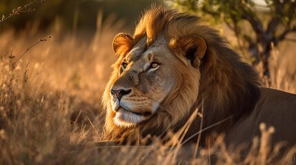 Lion Laying in Savannah Grassland Field