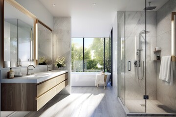 Airy Contemporary Bathroom, Spacious Shower, Refined Porcelain Tiles, State-of-the-Art Chrome Showerhead, Clean-Lined Vanity - obrazy, fototapety, plakaty