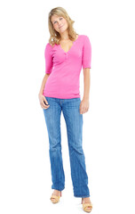 Fototapeta premium Graceful yet casual. Full length of a statuesque young woman isolated on a white background.