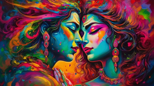 amazing painting of colorful art work of radha krishna in love generative AI
