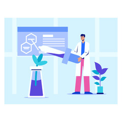 Man standing in laboratory near board with diagram and holding pipette