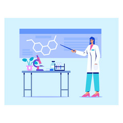 Professional laboratory assistant standing in laboratory and teaching