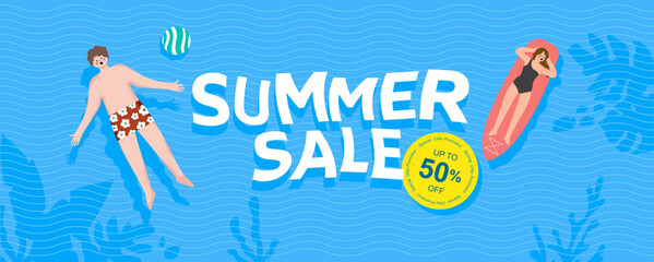 summer vacation beach shopping event illustration. Banner, human on the sea