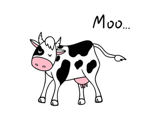 Cartoon cow, moo. Vector Illustration for printing, backgrounds, covers and packaging. Image can be used for greeting cards, posters, stickers and textile. Isolated on white background.