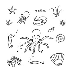 Vector illustration of Sea life. Set with doodle funny sea animals.