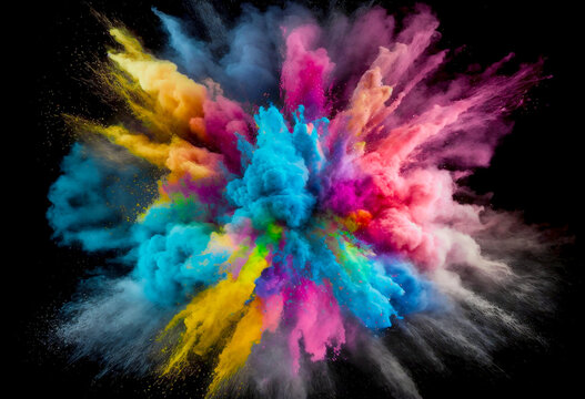 Color powder splash explosion of colour cloud ink. Paint splash smoky colorant. Creative color ink blend or paint drips splash, color powder explode. Abstract artistic background generative ai.