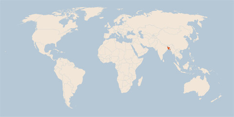 Vector map of the world in pastel colors with the country of Bangladesh highlighted highlighted in orange.