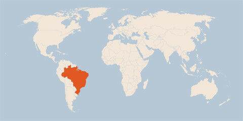 Vector map of the world in pastel colors with the country of Brazil highlighted highlighted in orange.