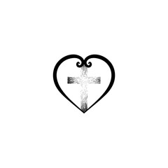 Christian religious cross and heart icon isolated on white background