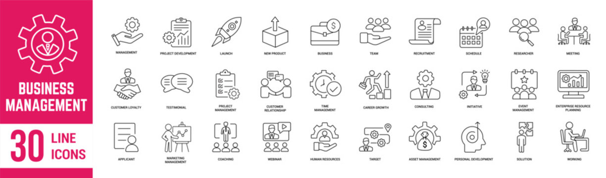 Business Management thin line icons set. Marketing, business, vision, mission, planning, strategy, teamwork and more… Vector illustration.