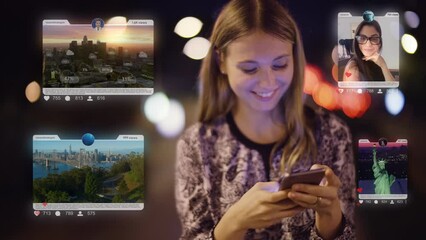 Young blonde caucasian woman using a smartphone to check her social media account. Representing concepts as futuristic technology or augmented reality.