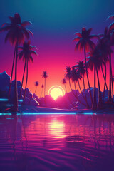 Tropical beach and palm tree background. Retro tone color style. Summer vacation concept. Generative ai.