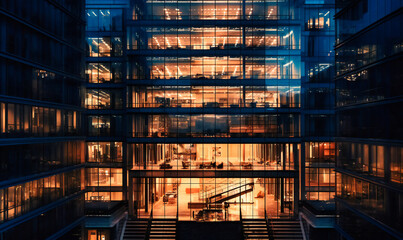 a large glass building in a city at night