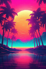 Tropical beach and palm tree background. Retro tone color style. Summer vacation concept. Generative ai.