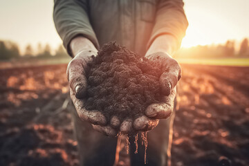 Hand of Farmer holding soil in the hands for planting. Agronomist testing a quality of soil. Concept of agriculture. Gardening with farmer. 