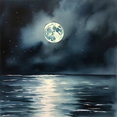Watercolor and the image of a bright moon over the water surface. High quality illustration Generative AI