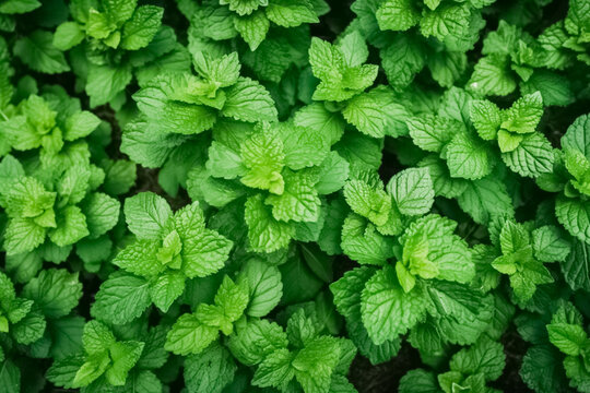 Top view on fresh organic Peppermint leaves. Green mint leaves pattern layout design. Healthy green food and vegan background.