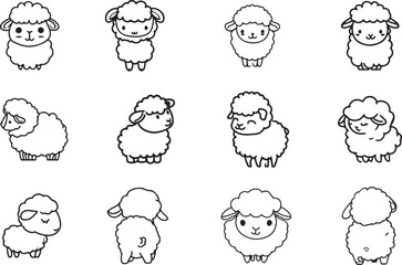 set of  cute and funny sheep line art vector