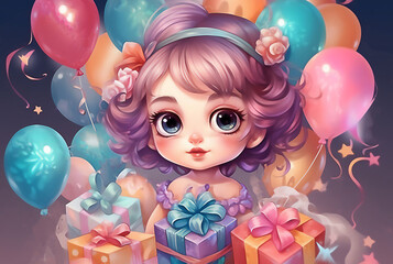 Fototapeta na wymiar Happy Birthday. Cute cartoon little girl with balloon. Illustration. Post processed AI generated image