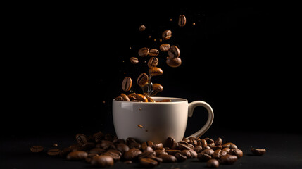 Selected coffee beans falling into a cup of hot water on black background. Copy space. Based on Generative AI