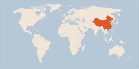 Vector map of the world in pastel colors with the country of China highlighted highlighted in orange.