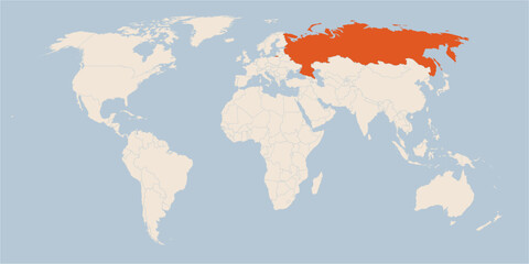 Vector map of the world in pastel colors with the country of Russia highlighted highlighted in orange.
