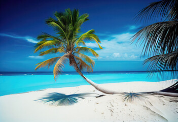 Fototapeta na wymiar Tropical paradise beach landscape with white sand and coco palm. Travel tourism background. Generative AI